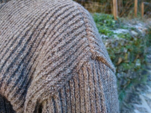 pull à col montant avec bouton en buis